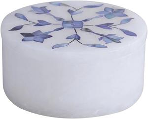 กล่องเครื่องประดับหินอ่อนทำด้วยมือแบบดั้งเดิมของอินเดียที่จัดเก็บของฝังทองเหลือง - Product Image 1