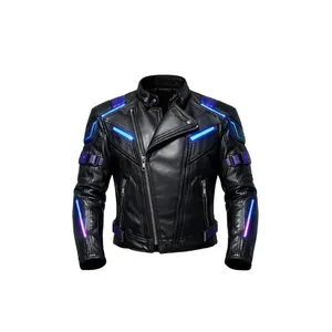 Veste de motard en cuir noir style cyberpunk néon avec accents LED, vente en gros - Product Image 1