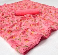 Sari en Chiffon de Soie Pure Blossom avec Bordure en Dentelle Fantaisie, Léger, Imprimé Floral Numérique, Tendance, Décontracté, Design Ethnique
