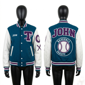 Veste de baseball pour femmes, corps en laine GSM, manches en cuir, panneaux blancs et turquoise, broderie chenille, logo personnalisé pour vestes pour femmes - Product Image 1