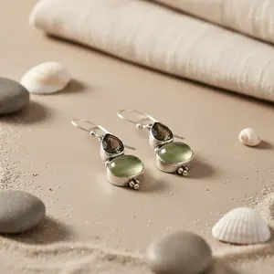 "Rose Gold Plated 925 Sterling <b>Silver</b> <b>Drop</b> <b>Earrings</b> with Prehnite & Smoky Quartz for Women" - Product Image 2