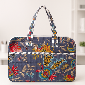 Sac d'ordinateur portable matelassé vintage durable fait à la main gris imprimé en blocs de fleurs léger et étanche pour le bureau d'ordinateur portable de 15 pouces - Product Image 1