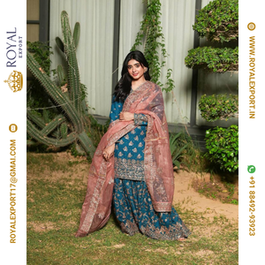 Presentación de seda Chinon de buena calidad con colección de trajes bordados Sharara - Product Image 3