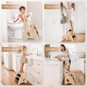 Taburete de Madera Resistente para Niños, Plegable, Escalón para Niños Pequeños, Banco Utilitario Portátil de 2 Escalones para Baño, Lavabo y Armario - Product Image 3