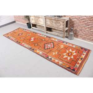 3x10.3 ft Turkish Rug, Vintage <b>Runner</b> Rug, Orange <b>Red</b> Animal Print Rug - Product Image 2