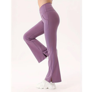 Pantalon femme taille haute tissé évasé, pantalon décontracté croisé taille haute extensible levage côté fitness avec poches Legging évasé - Product Image 3