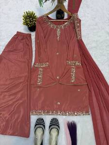 Premium natural crepe silk multi needle embroidery sequence <b>top</b> umbrella sleeves micro inner sharara plazzo full flair dupatta s - Product Image 5