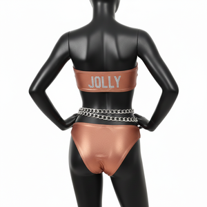 Ensemble de bikini pour femmes de haute qualité, 210 GSM, polyester et élasthanne doux, couleur marron cuivre, logo orné de strass, bikinis pour femmes - Product Image 4