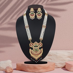 Conjunto de collar largo tradicional con cuentas azules-Joyas nupciales chapadas en oro para bodas y festivales - Product Image 1