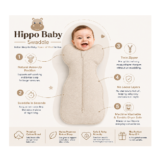 <b>Comfortable</b> Hippo Baby Swaddle Light Beige Newborn Sleep Sack Ergonomic Arms Up Design Premium Soft Cotton - Product Image 1