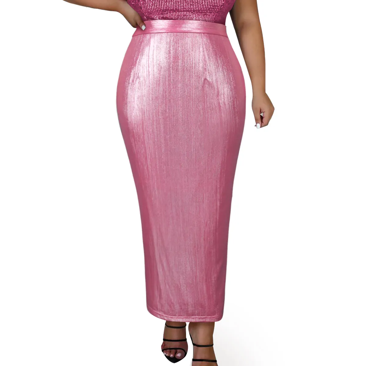 Rok panjang Glitter wanita, Bodycon pinggang tinggi Glitter Solid, merah muda, rok panjang elastis