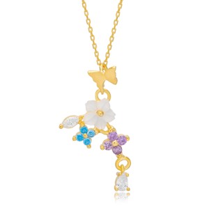 Collier pendentif multicolore, collection été, fleur, papillon, charme, argent sterling 925 turc, fait main, pour femmes - Product Image 3