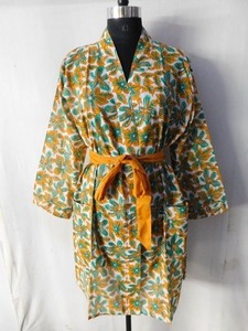 Batas tipo kimono de algodón para mujer, albornoz ligero de estilo Vintage con cinturón en azul, rosa, Beige, calidad de exportación, estampado a mano - Product Image 2