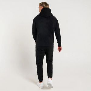 Sudadera con capucha negra para hombre: ajuste relajado, cordones con aglets, estampado tonal en el pecho y la espalda y bolsillo Kanga para ropa informal - Product Image 2