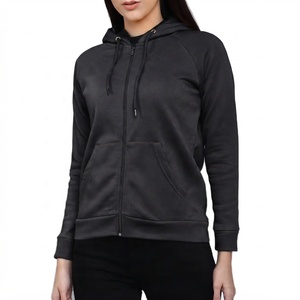 Sweat-shirt à capuche léger pour femme, à manches longues, avec double fermeture éclair, en coton et polyester tricoté, teint uni, pour l'automne - Product Image 1