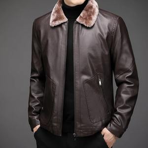 Chaqueta de cuero PU para hombre, abrigo cálido con Cuello de piel, chaqueta gruesa de lana, traje de calidad de negocios delgado para hombre, abrigos de solapa de Moto para jóvenes - Product Image 4