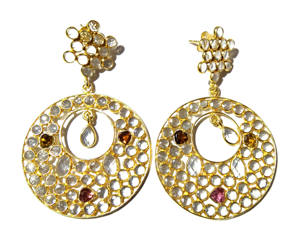 Boucles d'oreilles clous en argent 925 faites à la main avec zircon polki et tourmaline, style bohème hippie, cadeau de mariage, bijoux pour femmes - Product Image 1