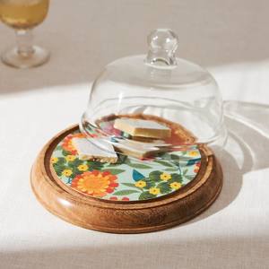 <b>Glass</b> Cloche Mango/Acacia Wooden <b>Base</b> Floral Print Handmade Non-Toxic Cake <b>Dome</b> Food Display Cover for Table Centerpiece Wedding - Product Image 3