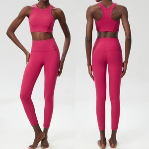 Yoga Suit Sports Fitness High Waist Solid Peach Front Hip Tight <b>Removable</b> <b>Padding</b> Sports <b>Bra</b> Leggings Set for Running Workout - Product Image 5