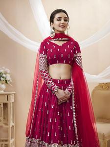 Dhwaja Export - Lehenga Choli de Georgette Rosa Intenso, Largo hasta el Suelo, Adornado con Bordado Intrincado de Lentejuelas Zari y Butti Brillantes - Product Image 5