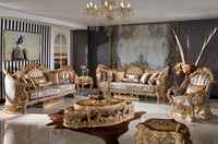 Ensemble de canapés de salon élégant et haut de gamme, design rococo traditionnel, ivoire et or, structure en bois de teck, éponge, luxe classique, housse amovible