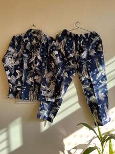 Bleu coton biologique femmes costume de nuit imprimé col en V pyjamas respirant doux confortable Sexy ensemble de vêtements de nuit motif Animal - Product Image 4