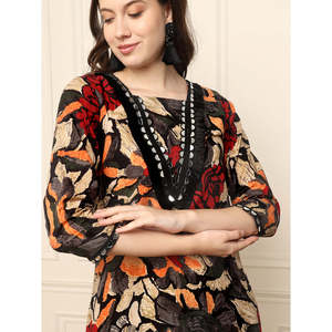 DEEBACO Women's Abstract Floral Printed Indo Western Co-Ord <b>Set</b> Rayon <b>Square</b> Neck 3/4 Sleeves Kurti with Pants Party Wear - Product Image 2