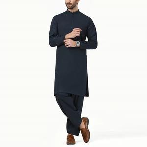 Jet Black Salwar <b>Kameez</b> For <b>Men</b> Featuring A Band Collar Sleek Design And Minimalist Detailing Perfect For Nighttime Eid Events - Product Image 3