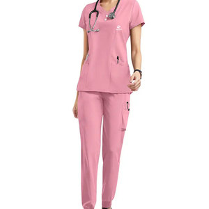 Pink Stand Collar Women Nurse Hospital Scrubs <b>Set</b> Short Sleeve <b>Doctor</b> Top Bottom High Quality Cotton Twill Fabric Customized - Product Image 1