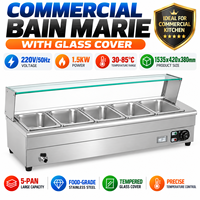 Bain-marie électrique commercial 5 bacs en acier inoxydable avec couvercle en verre, table de buffet chauffante pour la restauration