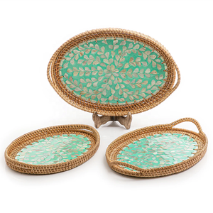Ensemble de 3 plateaux ovales en rotin incrusté de vadrouilles naturelles les plus vendus à la main pour les vacances du Ramadan pour les ventes en gros arabes du Vietnam - Product Image 2