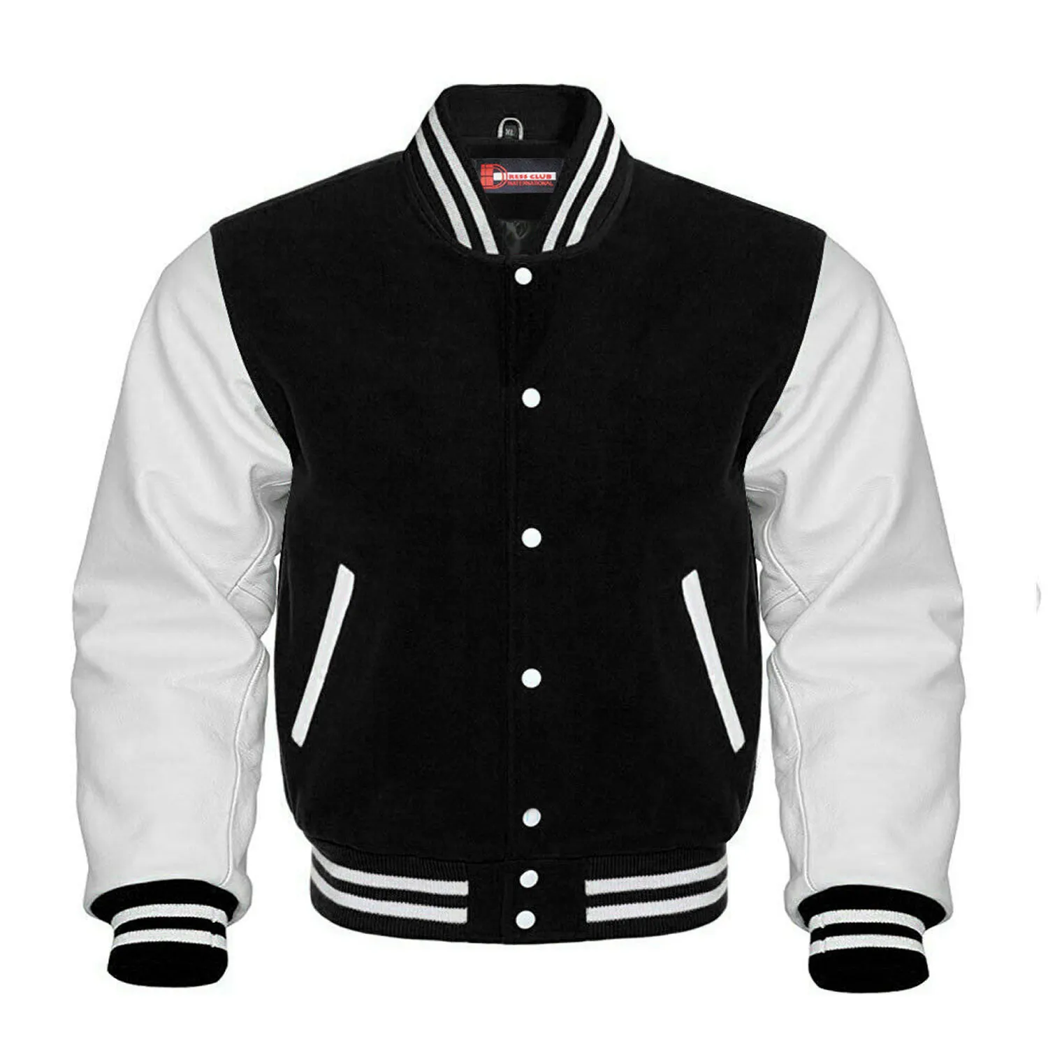 Boa Qualidade OEM Atacado Hot Bomber Jacket/Super Qualidade Custom Black Wool & Branco Real Couro Collar Varsity Jacket