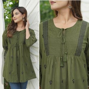 Femme Neeta Création A-ligne Coton Tunique Rose Blanc Indien Motifs Ethniques Brodé 3/4 Manches D'été Dentelle Décoré Top - Product Image 6