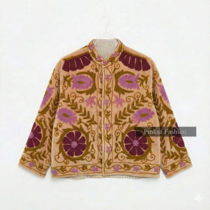 Chaqueta de punto de terciopelo de algodón Suzani |   Abrigo Bohemio para Mujer Otoño/Invierno |   Patrón Floral Bordado Transpirable y Resistente al Viento - Product Image 4