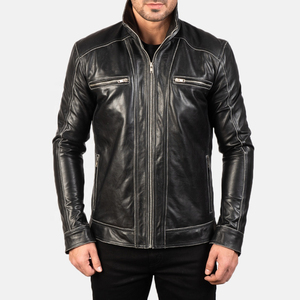 Custom Men Black Shine <b>Motorbike</b> Leather Jacket with Patch Work Zipper <b>Stand</b> Collar High Street Style - Product Image 1