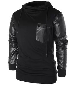 Sudadera con capucha para hombre de último diseño de buena calidad, manga de cuero transpirable negro, ropa de gimnasio de invierno con bolsillo en el pecho, 100% de algodón para niños - Product Image 1