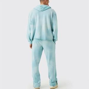 Venta caliente ácido lavado reflejar estampado personalizado 100% algodón Terry chándal de gran tamaño para hombres acampanados pantalones de chándal apilados conjunto con capucha - Product Image 2