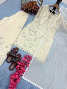 2025 extrême Super meilleure qualité Faux Georgette tissu lourd broderie travail Style islamique riche fête porter trois pièces robes - Product Image 2