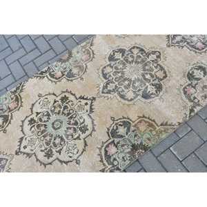 Vintage Runner Rug 3.3x9.2 ft, <b>Brown</b> Pink Check Rug <b>Wool</b> - Product Image 5