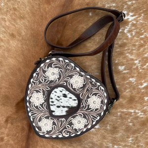 Best Selling Women's Western Cowhide Genuine <b>Leather</b> Floral <b>Purse</b> Heart-Shaped Crossbody Handbag Zipper Closure Cowgirl Style - Product Image 3