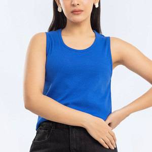 Bleu couleur unie femmes tricoté coton personnalisé décontracté débardeur femmes respirant en gros dames débardeur femmes - Product Image 2