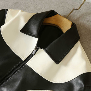 Blouson en cuir de style moto vintage automne-hiver pour homme Noir et blanc Couleur assortie Style vintage à la mode - Product Image 2