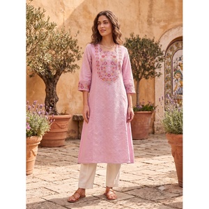 Kurta Saree Casual de Verano para Mujer, con Bordado Rosa, de Algodón, Estilo Étnico Indio Tradicional -MP-1887-E - Product Image 1
