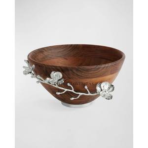 Flores y brotes de aluminio fundido plata brillante pulido diseñador para Acacia madera forma redonda cuenco para servir en precio impresionante - Product Image 1