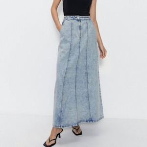 Promotional High Waist Zipper Closure Full Fluted Maxi Denim <strong>Skirt</strong> <strong>For</strong> Women's With Back Pockets &amp; Casual Wear Light Wash <strong>Skirt</strong> - Product Image 1