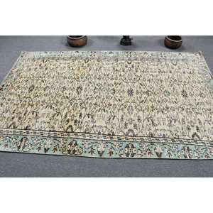 Tapis turc vintage 4'9 "X 8 'beige bleu patchwork laine fait à la main style boho tapis de chevet Latex support couloir rectangulaire - Product Image 3