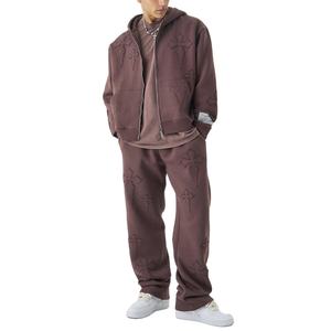 High Quality Cotton Man Tracksuits Oversized Boxy <b>Applique</b> Cross Full Zip Streetwear Screen Printed Jogger Set-Loose Relax - Product Image 1