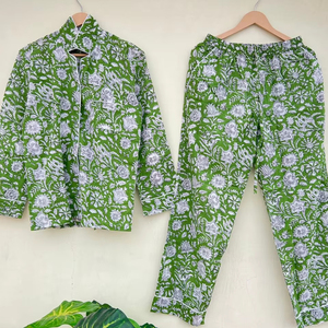 Traje de noche con estampado Floral hecho a mano exclusivo indio 100% algodón popelina Elegante ropa de dormir informal de lujo para Primavera Verano invierno - Product Image 1