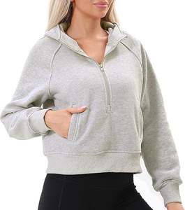 Sudadera cómoda con capucha y media cremallera para mujer de alta calidad, estilo recortado de manga larga, estampado bordado personalizado - Product Image 1