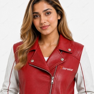 Veste universitaire en similicuir rouge pour femme Tiierwear, manches longues, fermeture éclair, design contrasté, vêtement d'automne - Product Image 6